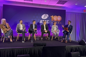 Six panelists seated on stage during ATCC hosted event, "Empowering the Future of Biotechnology Through Trusted Science," part of the NSCEB's “Biotech Across America” roadshow.