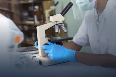 A laboratory professional wearing a white lab coat, face mask, and blue gloves is adjusting a microscope on a workbench with glassware in the foreground.