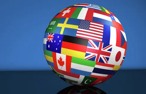 Flags of the world on a globe for international business, school, travel services and global management concept 3d illustration on blue background.