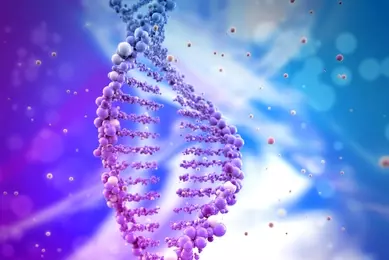 Broken DNA helix made of purple balls