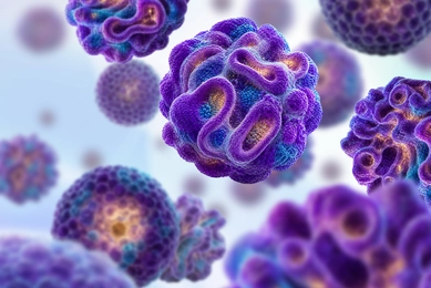 Illustration showing multiple three‑dimensional organoids suspended in a soft blue‑purple background. A large organoid in the foreground displays complex folded epithelial structures, lumen‑like cavities, and densely packed cellular layers in shades of purple, blue, and gold, while additional organoids appear at varying depths throughout the scene.