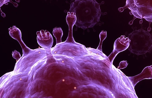 Iridescent purple sphere of the influenza virus with protruding knobby spikes