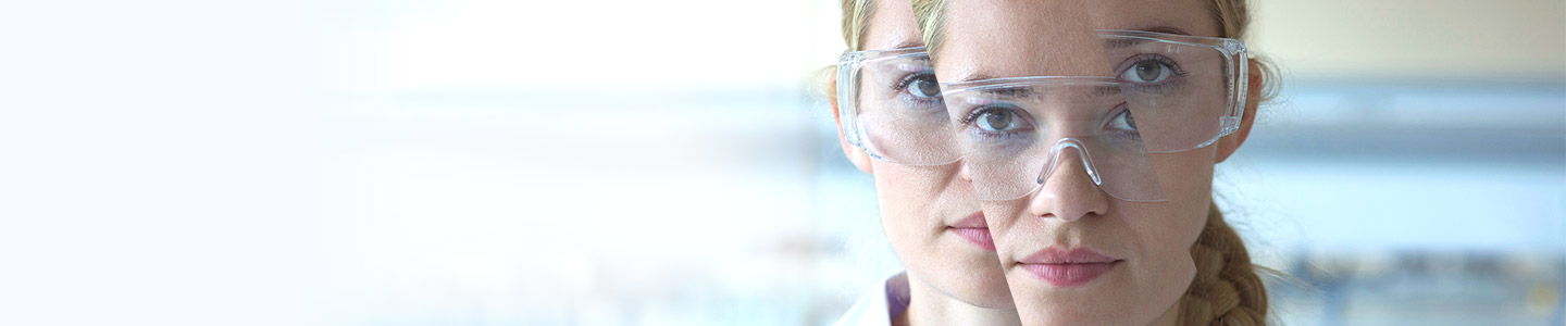 Three-way, split image of a female scientist with safety glasses and a long braid looking at the camera.