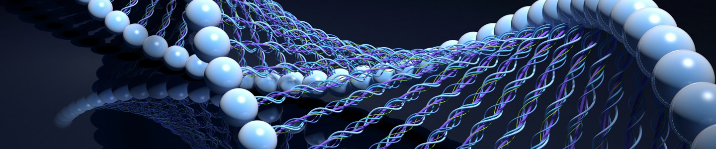 Blue DNA strand with sides made of light blue balls.