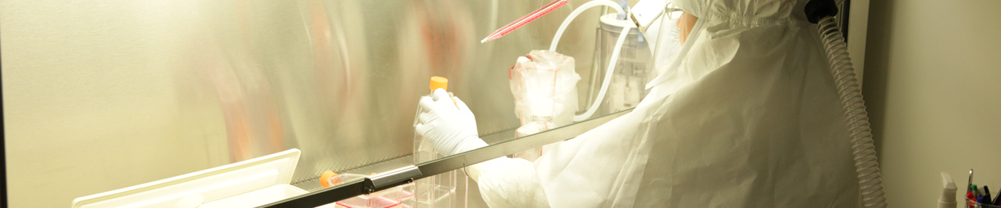 ATCC scientist in biosafety level suit with respirator working at biosafety cabinet.