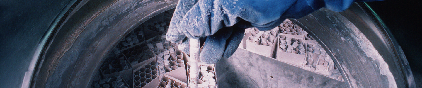 Gloved hand covered in ice, holding frozen vial, above cryopreservation tank filled with boxes of frozen vials.