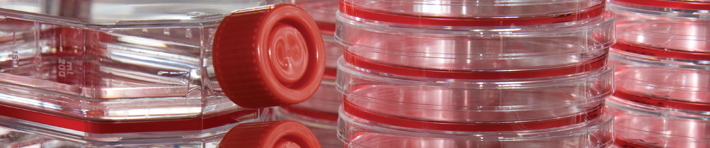 Short stacks of culture flasks and petri dishes containing red media.
