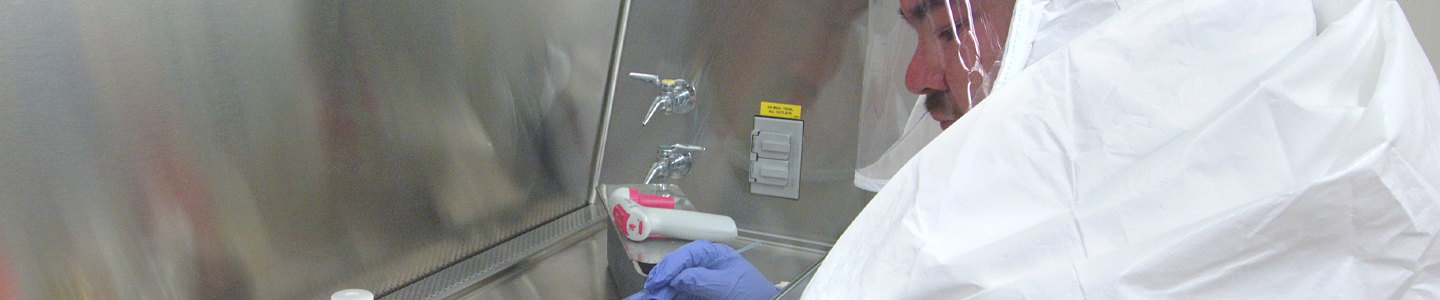 ATCC scientist in biosafety suit, streaking bacterial plates in hood in lab.