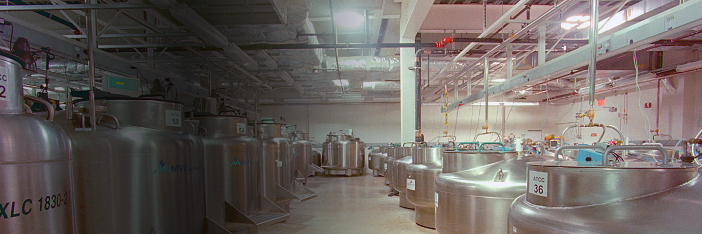 Large room full of liquid nitrogen cryopreservation tanks at biorepository.