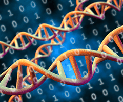 Orange DNA double helix strands floating with white lines of numbers zero and 1 in the background.