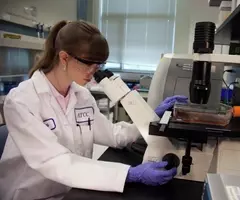 Female ATCC scientist in lab coat, safety glasses, and gloves, looking at media in a flask using an inverted microscope.