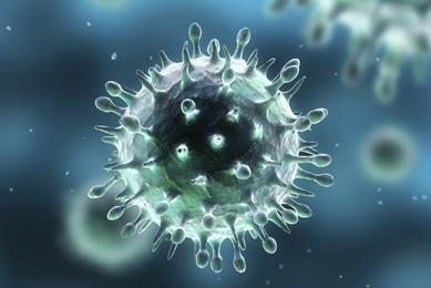 Round, iridescent, green-blue  H1N1 (swine flu) virus with protrusions.