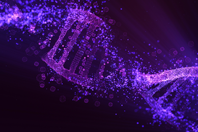 Purple, fragmented DNA double helix strand on a black background.