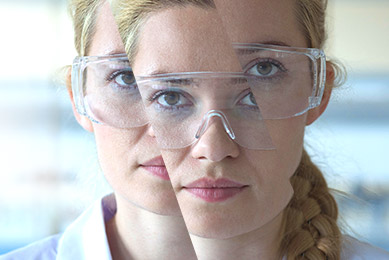 Three-way, split image of a female scientist with safety glasses and a long braid looking at the camera.