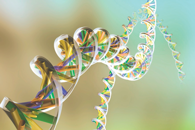 DNA helix strands in yellow, orange, purple, and green.