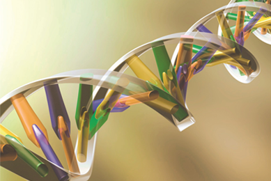 Close up of DNA helix strand in yellow, orange, purple, and green.