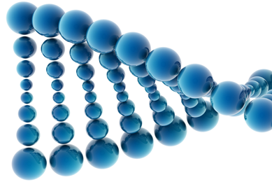 DNA helix strand made of various sized blue balls.