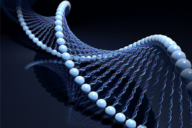 Blue DNA strand with sides made of light blue balls.