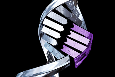 Metallic DNA strands breaking apart, with single letters A T C C in purple on separate base pairs.