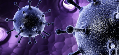 Round, floating, blue  H1N1 influenza viruses covered in long protruding stems.
