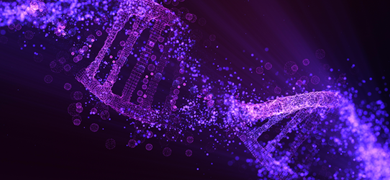 Purple, fragmented DNA double helix strand on a black background.