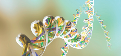 DNA helix strands in yellow, orange, purple, and green.