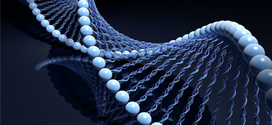 Blue DNA strand with sides made of light blue balls.