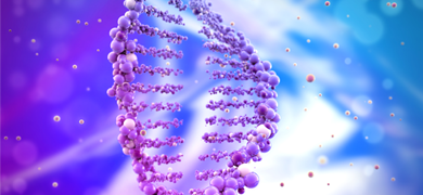 Broken DNA helix made of purple balls.