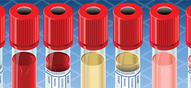 Computer graphic of line of labeled test tubes with red caps, some contain red liquid, some yellow liquid.