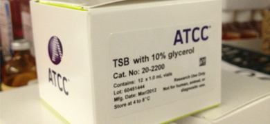 White box with ATCC printed on the side, labeled "TSB with 10% glycerol."