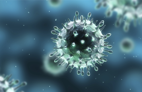 Round, iridescent, green-blue  H1N1 (swine flu) virus with protrusions.