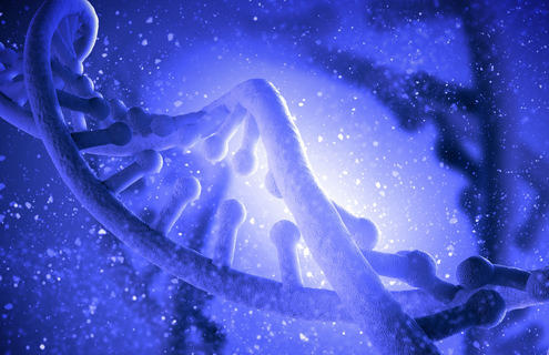 Close up of blue DNA strand floating among small blue and white particles.