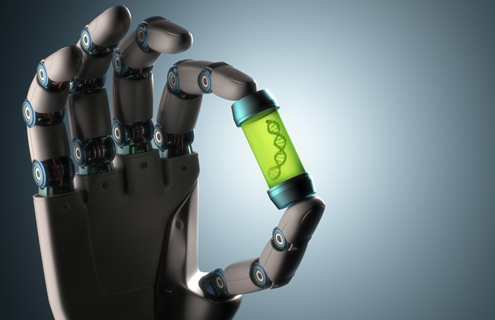 Robot hand holding clear tube that contains DNA strand in neon green substance.