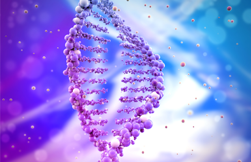 Broken DNA helix made of purple balls.