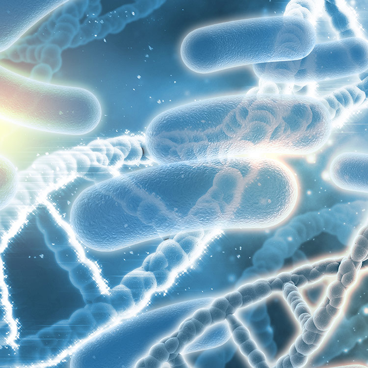 Blue DNA helix near floating translucent blue rods.