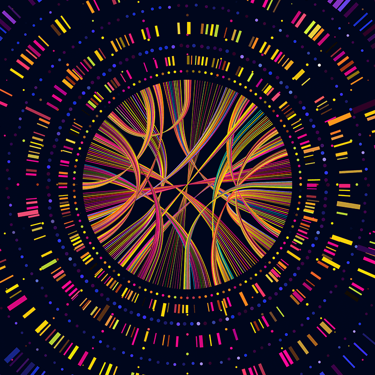 Concentric circles with purple, orange and yellow markers for DNA sequencing.