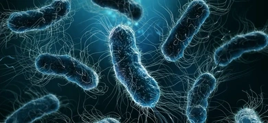 Colony of bacteria close-up 3D rendering illustration on blue background