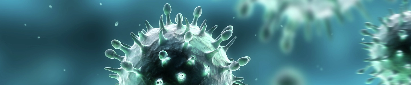 Round, iridescent, green-blue H1N1 (swine flu) virus with protrusions.