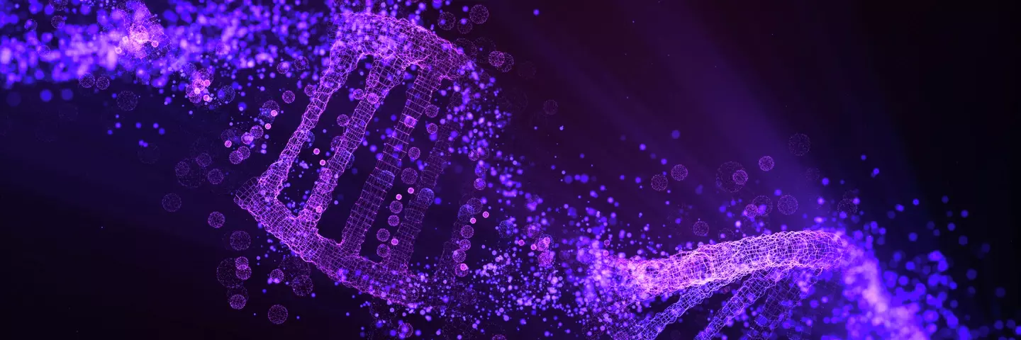 Purple, fragmented DNA double helix strand on a black background.