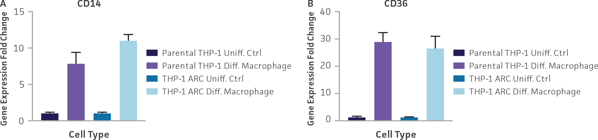 Increased mRNA expression of CD14 and CD36 in PMA induced macrophage-like cells.