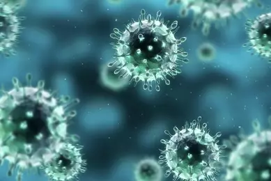 Round, iridescent, green-blue H1N1 (swine flu) virus with protrusions.