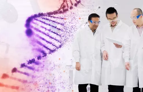 Three male scientists walking shoulder to shoulder through lab looking at a tablet held by the middle scientist on the right side. Background shows orange, purple gradient DNA helix on the left side disintegrating into small particles.