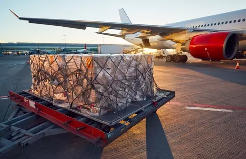 A large cargo pallet wrapped in plastic and secured with netting sits on a red metal dolly on the tarmac next to a commercial airplane. The airplane has a white fuselage and red engine nacelles. The sun is setting, casting a warm glow over the scene, with other airport equipment and vehicles visible in the background.