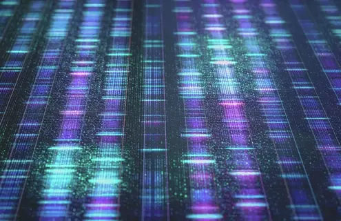 DNA code, Sanger sequence in binary digital storage. 3D Illustration of a method of colored DNA sequencing.