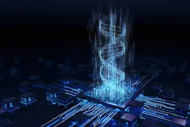 A digital illustration shows a glowing blue DNA double helix composed of light particles and vertical data lines emerging from a microchip on a circuit board, with illuminated pathways extending outward across a dark technology background.