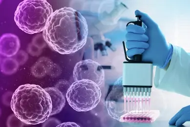 A scientist using a multichannel pipette to transfer liquid into a microtiter plate with monocytes background.