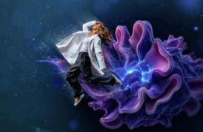 Promotional banner showing a person captured mid‑jump beside a large stylized purple organoid with glowing blue cellular textures and particle effects against a dark blue background.