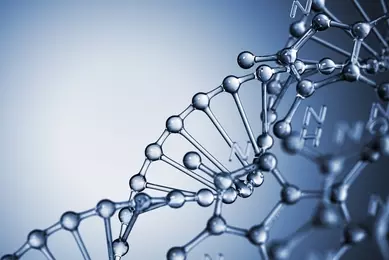 Clear blue DNA helix strand.