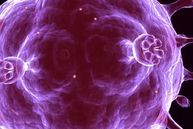 Iridescent purple sphere of the influenza virus with protruding knobby spikes