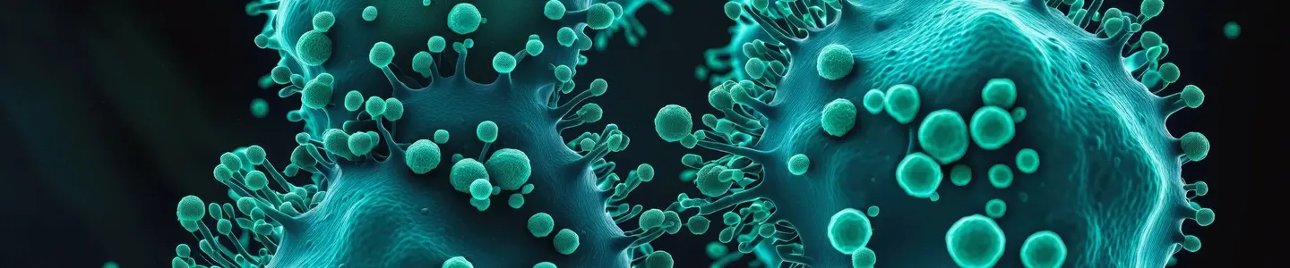 3D render close-up view of malignant cancer cells with spiky surface proteins and spherical shapes, shown in teal against a dark background.